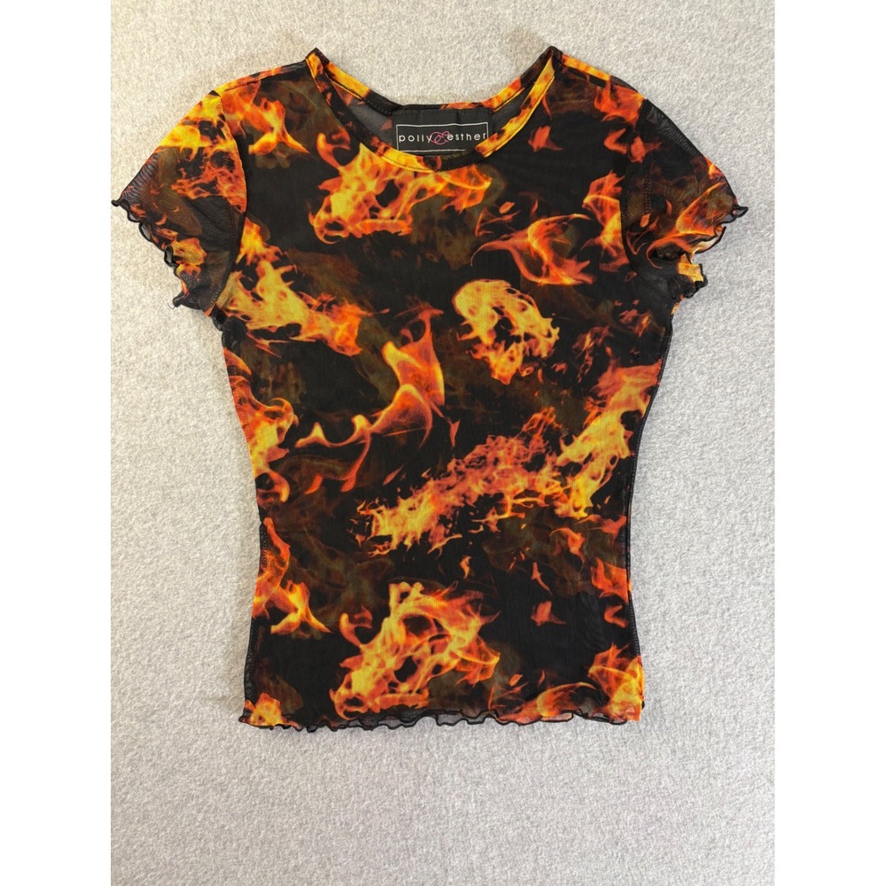 Polly & Esther Fire Flame Print Mesh Top Short Sleeve Lettuce Trim Black Small